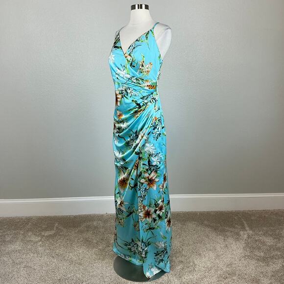 Vince Camuto Backless Floral Satin Sleeveless Maxi Dress Colorful Blue Size 14 - Picture 5 of 13